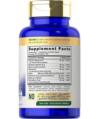 Carlyle Vitamin B50 Complex Supplement | 180 Caplets | Non-GMO, Vegetarian, Gluten Free - Buy Online on GoSupps.com