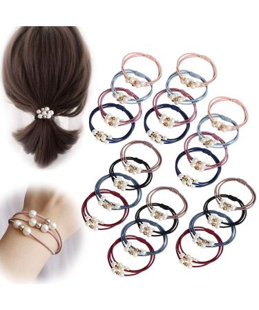 Winrase 24pcs 3-in-1 High Elastic Rubber Band Hair Ties with Shiny Beads Hair Scrunchies Loss-proof Hair Ring Hair Band Ponytail Holder for Women Girls (Style-A 24pcs)