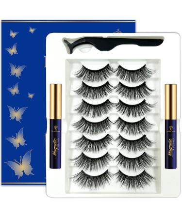 3D Magnetic Eyelashes with Eyeliner Kit - Cat-Eye Wispy Magnetic Lashes Natural Looking Upgraded Long Lasting 7 Pairs Reusable 5 Magnet False Eyelashes with Applicator Easy to Apply. Wispy Natural Magnetic Lashes