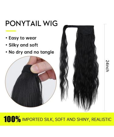 24 Inch Black Wavy Oefei Ponytail Extension - Long Corrugated Synthetic Hair with Velcro Fastener for Women - Buy Online on GoSupps.com