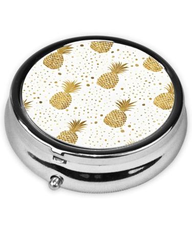 Gold Glitter Pineapples Round Pill Box - 3 Compartment Mini Travel Organizer for Vitamins & Medications - Buy Online on GoSupps.com