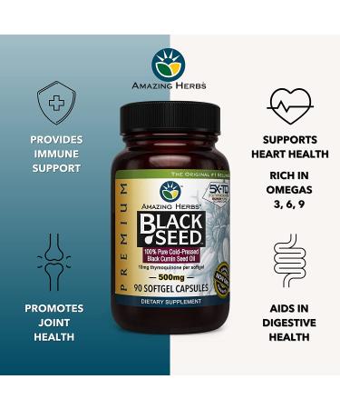 Amazing Herbs Premium Black Seed Oil Capsules - Gluten Free Non GMO - Cold Pressed Nigella Sativa - Digestive Health, Immune Support, Brain Function - 90 Count x 2 - Buy Online on GoSupps.com
