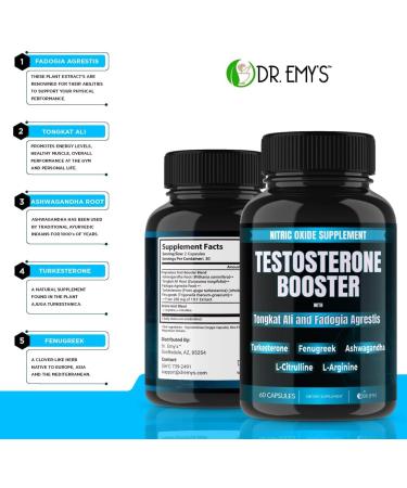 Dr. Emy's Testosterone Booster - 2 Pack Tongkat Ali & Fadogia Agrestis Nitric Oxide & Ashwagandha Supplement for Men - L Arginine Citrulline Fenugreek & Turkesterone (120 Capsules - Buy Online on GoSupps.com