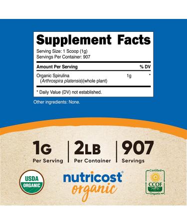 Nutricost Organic Spirulina Powder 2 LB - Pure Certified Organic - 2 Pound Bag - Buy Online on GoSupps.com