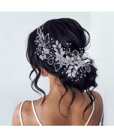 MOPMAP Rhinestone Wedding Headband for Bride Silver Wedding Headpiece for Bride Silver Rhinestone Flower Hair Vine Wedding Hair Accessories for Women(Silver)