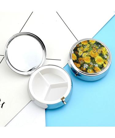 Round Yellow Butterfly & Daisies Pill Box | 3 Compartment Portable Medicine Organizer | Decorative Metal Pocket Pill Case - Style 5 - Buy Online on GoSupps.com