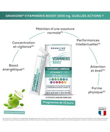 GRANIONS - Vitamineris BOOST - Multivitamins - Vitamin Vitamin C Vitamin B12 - Made in France - 10 vitamins 4 minerals and a plant extract - 10 sticks Waterless - Apple taste - Buy Online on GoSupps.com