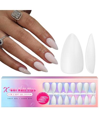 300 PCS White Gel x Nail Tips Medium Almond Soft Gel Nail Tips Stiletto Pre-corlored Medium Press on Nails Kit Natural Fake Nails Acrylic Sturdy Gel Tips Nails in 15 Sizes for DIY Nail Art medium short almond white-A