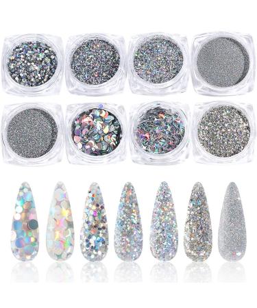 Holographic Nail Art Sequins Glitter Kits  KISSBUTY 8 Boxes Holographic Nails Powder Nail Art Sequins Metallic Shining Flakes Silver Nail Glitter Set for Nails Art Decoration Holographic Manicure