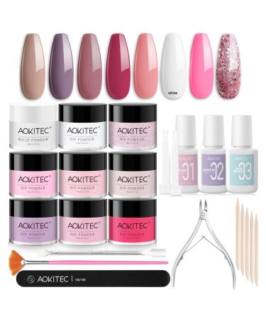 AOKITEC 23 Pieces Dipping Powder Nails Set With Build Powder - White Pink Red Glitzer Dipping Powder With DIP Liquid Base Actator Top Gels Nail Accessories for French Nail Art Make Nail yourself 02 -ROSA glitter color - Buy Online on GoSupps.com