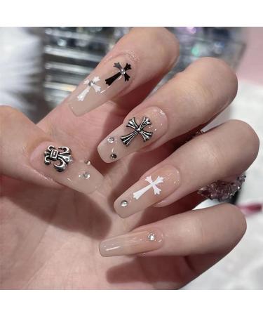 Gothic Press on Nails Long Halloween False Nails Nude Stick on Nails 24pcs Coffin Design Fake Nails with Glue Sticker for Women and Girls Fashion Nail Tips Cool Nails (Nude and Crosses)