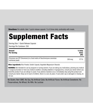 GTF Chromium 200 mcg | 250 Capsules | Glucose Tolerance Factor Supplement - Piping Rock - Buy Online on GoSupps.com