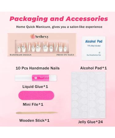 Sethexy French Long Coffin False Nails | Handmade Strass Glitter & 3D Crystal Press-On Acrylic Nails for Women & Girls - Buy Online on GoSupps.com