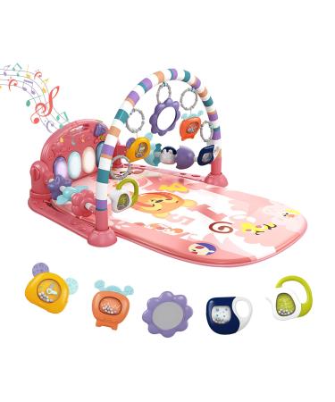 Baby Play Mat Baby Gym,Funny Play Piano Tummy Time Baby Activity Gym Mat with 5 Infant Learning Sensory Baby Toys, Music and Lights Boy & Girl Gifts for Newborn Baby 0 to 3 6 9 12 Months (Pink)