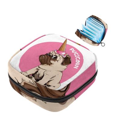 Menstruation pad bag with zipper women's napkin bag tampons collection bags for women and girls (Hello Pugicorn Funny Pug Dog) Color 3