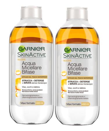 Garnier Garnier SkinActive Bi-Phase Micellar Water No-Rinse Removes Makeup Waterproof Cleansing Moisturizing Action Face Eyes Lips Fragrance-Free Formula - 2 x 400ml Bottles