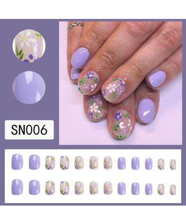 24pcs Purple Flower Press On Nails | Short Square False Nails with Glue | Fashionable Cute Design for Women and Girls - Buy Online on GoSupps.com