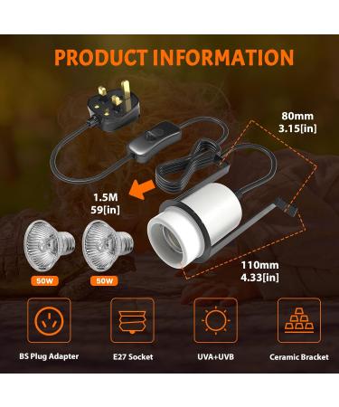 Luxvista Pet Heat Lamp Holder Ceramic Heater Bracket for Reptiles Tortoise Pet Heat Lamp with 2 Pack 50W E27 Heat Lamp Bulb - Buy Online on GoSupps.com