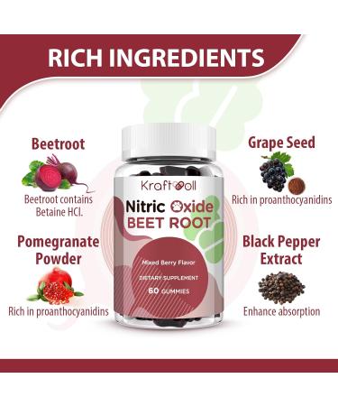 Nitric Oxide Beet Root Gummies with Grapeseed Powder Pomegranate Powder Vitamin C & B12 Sugar-Free Mixed Berry Flavor 60 Gummies 60 Count (Pack of 1) - Buy Online on GoSupps.com