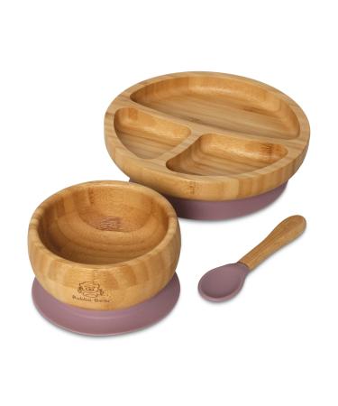 Bubba Bear Baby Weaning Set | Bamboo Plates Bowls & Spoons for Toddler Led Feeding | Suction Plate Bowl & Spoon Sets for Babies from 6 Months | Optional Matching Kids BLW Bib (Elderberry)