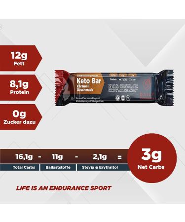 Daily Endurance Keto Bar | Best Low Carb Protein Snack | Vegan Chocolate | 3g Net Carbs | 12 Bars with Sckoko Coating | Caramel Flavor - Buy Online on GoSupps.com