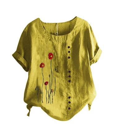 Summer Linen Tops for Women Sale Clearance Summer Tees Long Sleeve Half Sleeve V-Neck Cotton and Linen Loose Shirt Blouses Ladies Tshirt Casual Flowy Beach T-Shirt Tops 3210-qppoj-b-yellow M