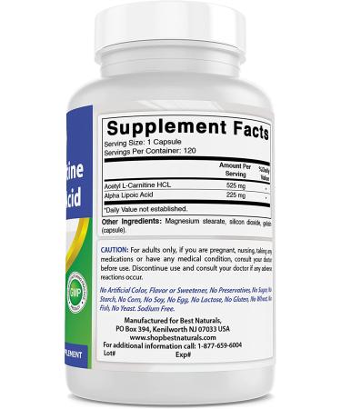 Best Naturals Acetyl L-Carnitine and Alpha Lipoic Acid 750mg 120 Capsules - Pack of 2 - Buy Online on GoSupps.com