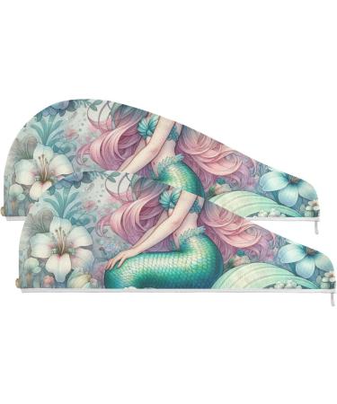 Super Absorbent Mermaid Girl Hair Towel 2 Pack | Quick Dry Flower Design Turbans for Women & Girls - Buy Online on GoSupps.com