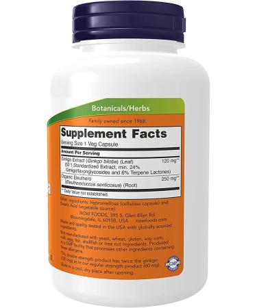 NOW Ginkgo Biloba 120 mg Double Strength Non-GMO 200 Veg Capsules - Buy Online on GoSupps.com