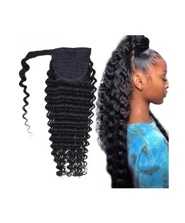 Ponytail Extension Deep Wave Human Hair Ponytail Extension for Black Women Wrap Around Ponytail with Magic Paste Clip In Wave Ponytail Hair Extensions Human Hair Pieces Ponytail Hairpiece for Women 10inches 100g