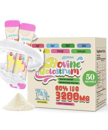 Colostrum Supplement Powder - Grass Fed Bovine Colostrum with 60% IgG Hyaluronic Acid Zinc & Biotin | Supports Gut Health Immune System Beauty & Hair Growth | Unflavored 50 Servings Packets Unflavored 5.64 Ounce (Pack
