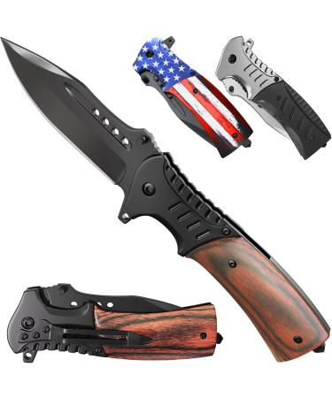 Pocket Knife Spring Assisted Folding Knives - Military EDC USMC Tactical Jack Knifes - Best Camping Hunting Fishing Hiking Survival Knofe - Travel Accessories Gear - Boy Scout Knife Gifts for Men 0207 1.Wood