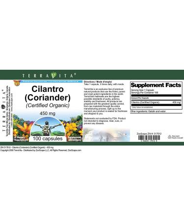 Certified Organic Cilantro (Coriander) Capsules - 450mg (100ct) - 3 Pack | ZIN 517612 - Buy Online on GoSupps.com