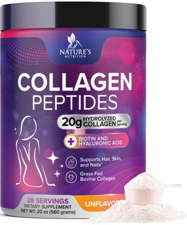 Collagen Peptides Powder 20g - Hydrolyzed Type 1 & 3 Collagen Powder & Hyaluronic Acid - Vital Support for Nails Skin & Joints - Zero Sugar Unflavored for Women & Men Bottled in USA - 28 Servings