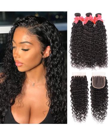 10A Water Wave Bundles with Closure (16 18 20 +14) Wet and Wavy Brazilian Virgin Human Hair 3 Bundles with 4x4 Lace Closure with Baby Hair Free Part 1B Curly Wave Human Hair Extensions 16 18 20+14 Natural Black Water Wa...