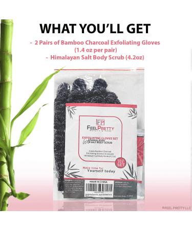 Exfoliating Gloves Set with Pink Himalayan Salt Scrub - 2 Pairs Bamboo Charcoal Shower Gloves for Healthy Skin - Buy Online on GoSupps.com