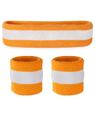 Suddora Striped Sweatband Set - (1 Headband and 2 Wristbands) Cotton for Sports & More. orange, white