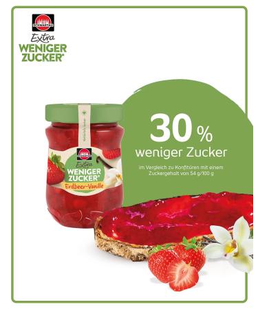 Schwartau Extra Less Sugar Strawberry-Vanilla Fruit Spread 300g | Reduced Sugar Jam for Healthy Snacking - Buy Online on GoSupps.com