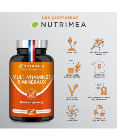 Multivitamins and Minerals - Unique Formula with Ginseng - Vitamins B1 B3 B6 B9 B12 C D3 Iron and Calcium - Energy Vitality Power - Made in France - Nutrimea - Buy Online on GoSupps.com