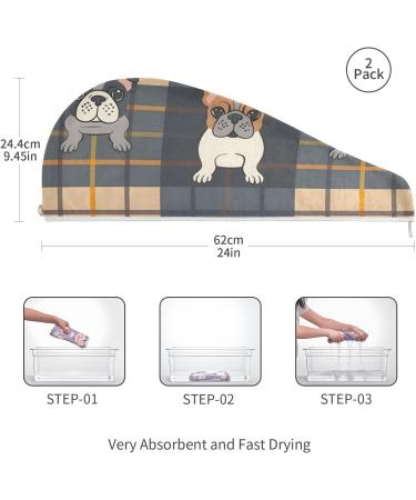 Bulldog Plaid Pattern Hair Towels 2 Pack - Super Absorbent Quick Dry Hair Turbans for Women & Girls - Buy Online on GoSupps.com