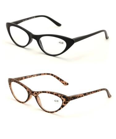 V.W.E. 2 Pairs Deluxe Female Cateye Vintage Reading Glasses Women Readers (1 Black 1 Tortoise 1.00)
