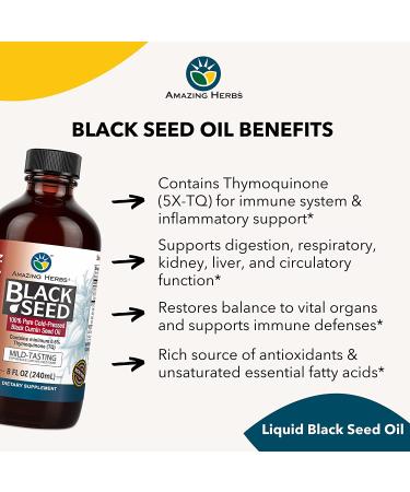 Amazing Herbs Egyptian Black Seed Oil - Gluten Free, Non GMO, Cold Pressed Nigella Sativa - 8 Fl Oz - Digestive Health, Immune Support, Brain Function - Buy Online on GoSupps.com