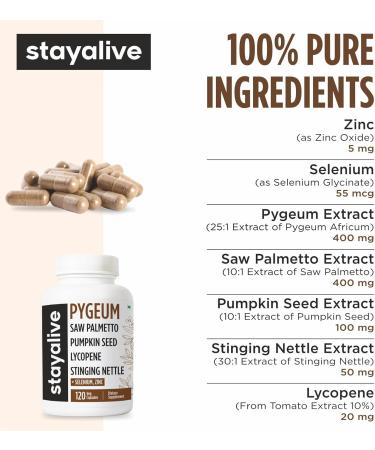 STAY ALIVE Pygeum Africanum Supplement, 7-in-1 Extract w/Saw Palmetto, Pumpkin Seed, Stinging Nettle and Lycopene, 120 Vegan Capsules, Non-GMO and Gluten-Free Pygeum Supplement for Men and Women - Buy Online on GoSupps.com