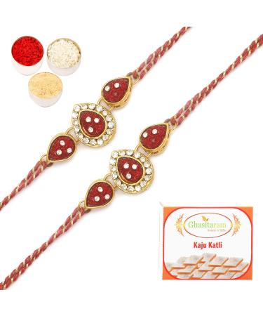 Ghasitaram Gifts Rakhi for Brother Rakhis Online - Set of Two J-33063 Leaf Rose Jewel Rakhi with 200 GMS of Kaju katli