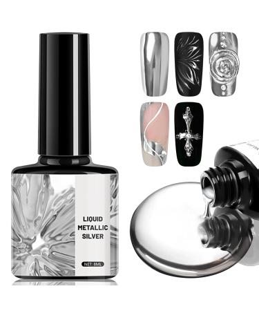 Metallic Painting Nail Gel Polish Glossy Chrome Metal Mirror Finish Upgrade 3D Silver Nail Painted Drawing Gel Soak Off UV/LED Curing Salon Home DIY Nail Art Manicure 8ml #Silver