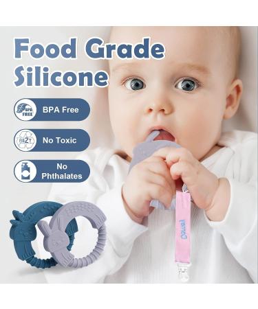 TYRY.H Baby Teether Gift Set: BPA-Free Silicone Teething Toys for Babies 0-12 Months - Pain Relief 2 Pack (Blue Moose & Lavender Rabbit) - Buy Online on GoSupps.com