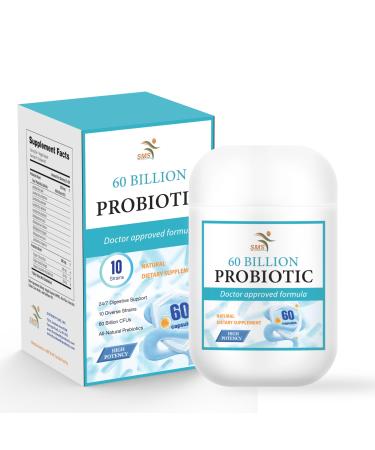 Probiotic Supplement 60 Billion CFU with 10 Strains & Organic Prebiotics Digestive Gut & Immune Health Support for Women & Men 60 Capsules