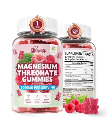 Magnesium L-Threonate Gummies 1000mg Sugar-Free, Vegan Magnesium Supplement for Kids & Adults, Wellness Support, Non-GMO, Raspberry Flavor, 60 Count