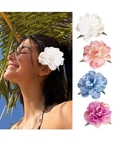 Mezrkuwr 4 Pieces Hawaiian Flower Hair Clips for Women Artificial Flower Clips Hair Accessories for Holiday Beach Party Boho Clips Hairpin for Girls Wedding