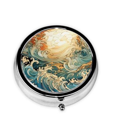 Rough Rolling Waves Portable Metal Pill Box Round Mini 3-Compartment Plastic Insert hinged Fastening Design Suitable for Small Pills Must-Have for Travel Black